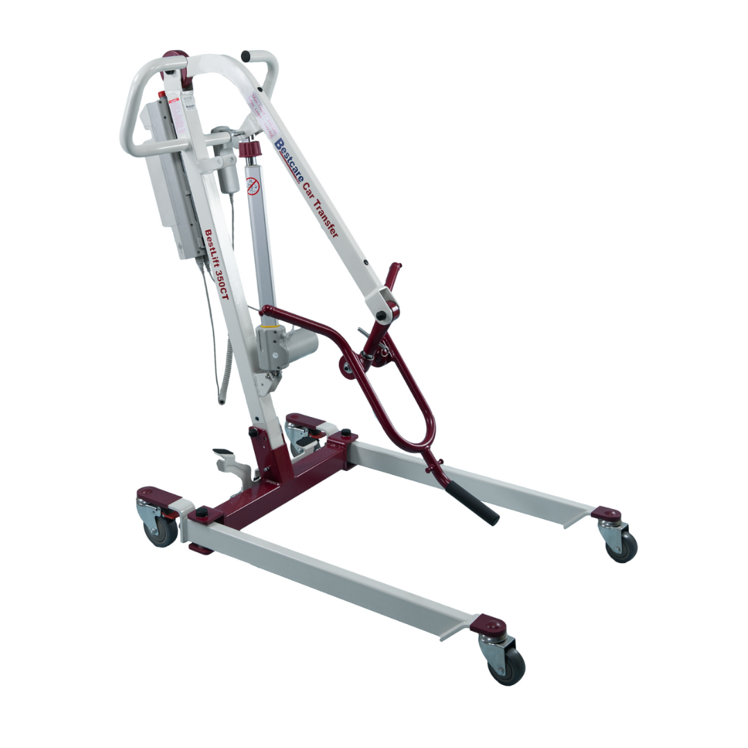 The Bestcare BestLift PL350CT Folding Portable Patient Lift has a white frame with burgundy accents, wheels for easy mobility, a hydraulic lift mechanism, handlebars for control, and a spreader bar—perfect for car transfers.